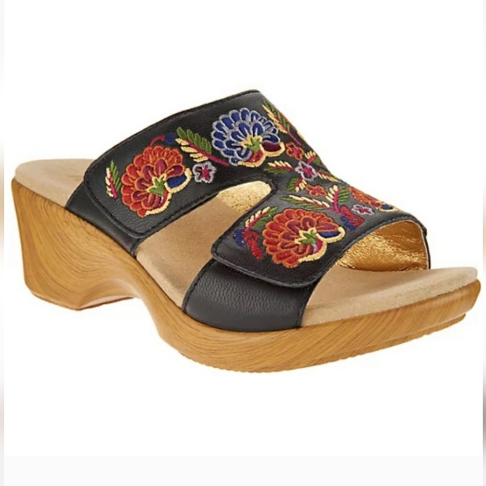 Alegria Black Embroidered Floral Slide Sandals with Wood-Look Heel